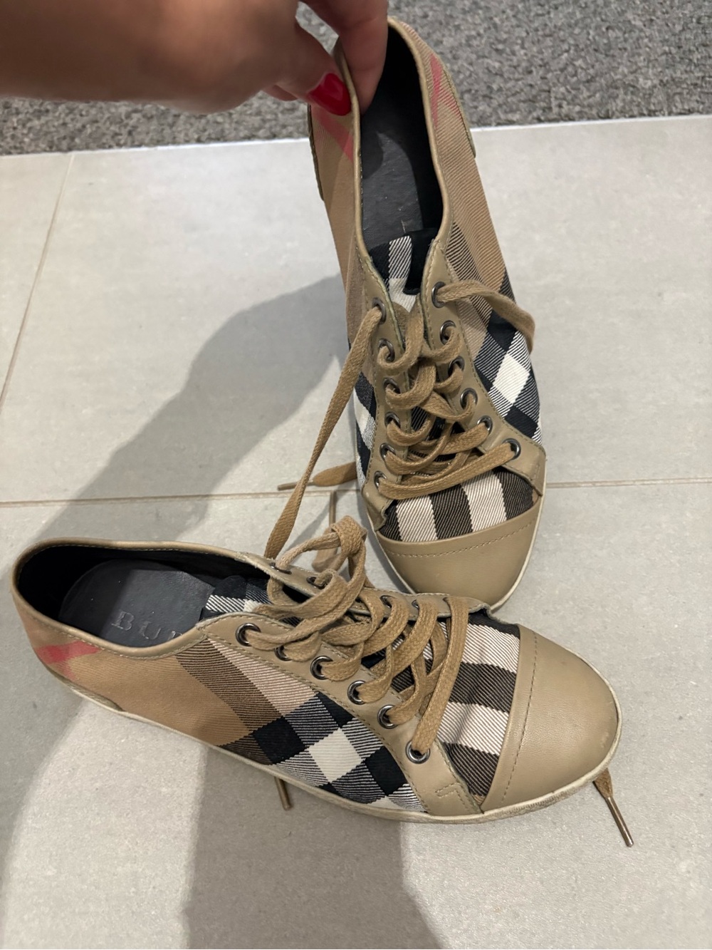 Burberry Beige and Black Check Lace-Up Sneakers